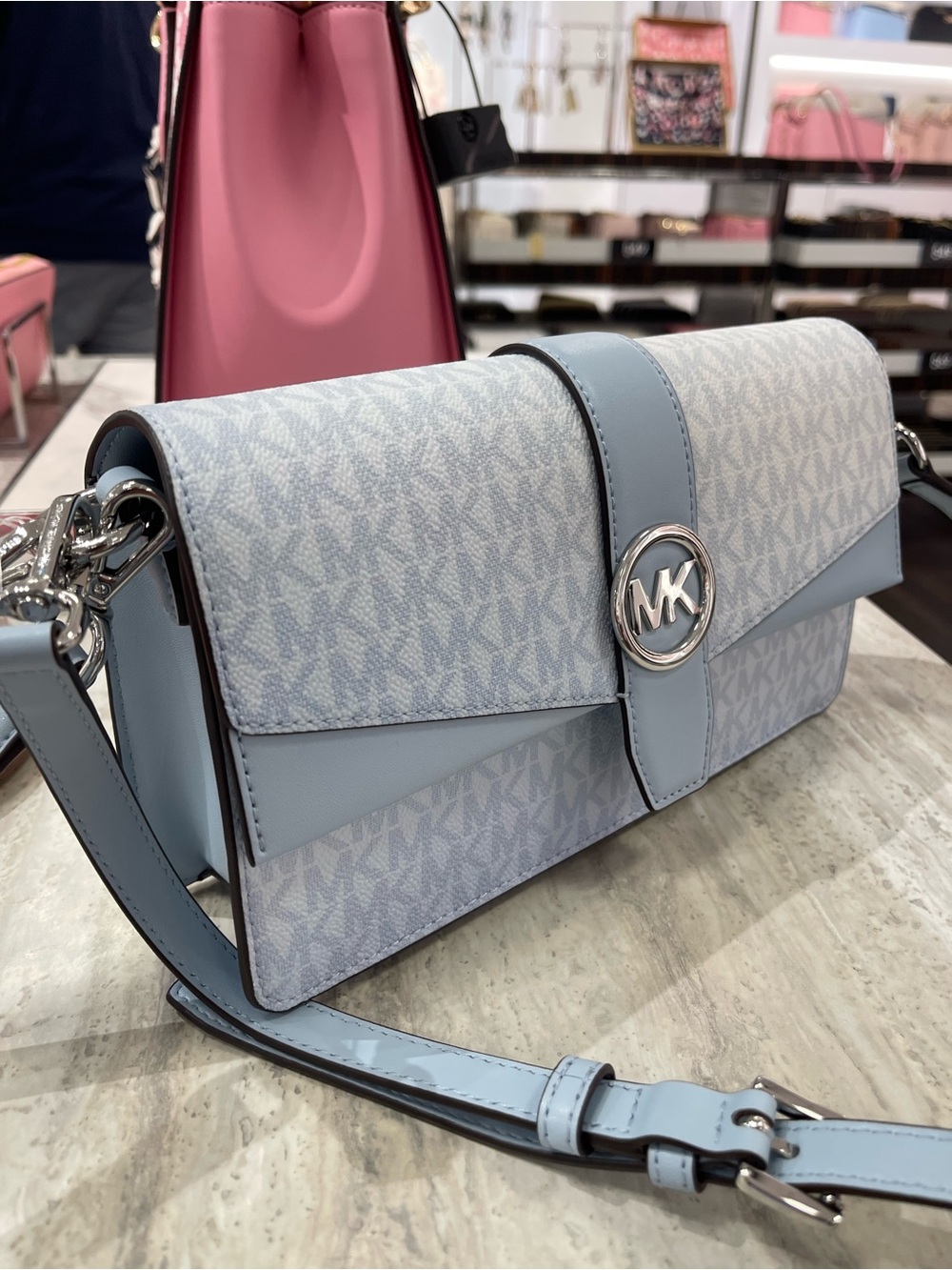 MICHAEL KORS Greenwich Md Signature Logo Shoulder Crossbody Satchel 
Pale Ocean - Picture 14 of 16